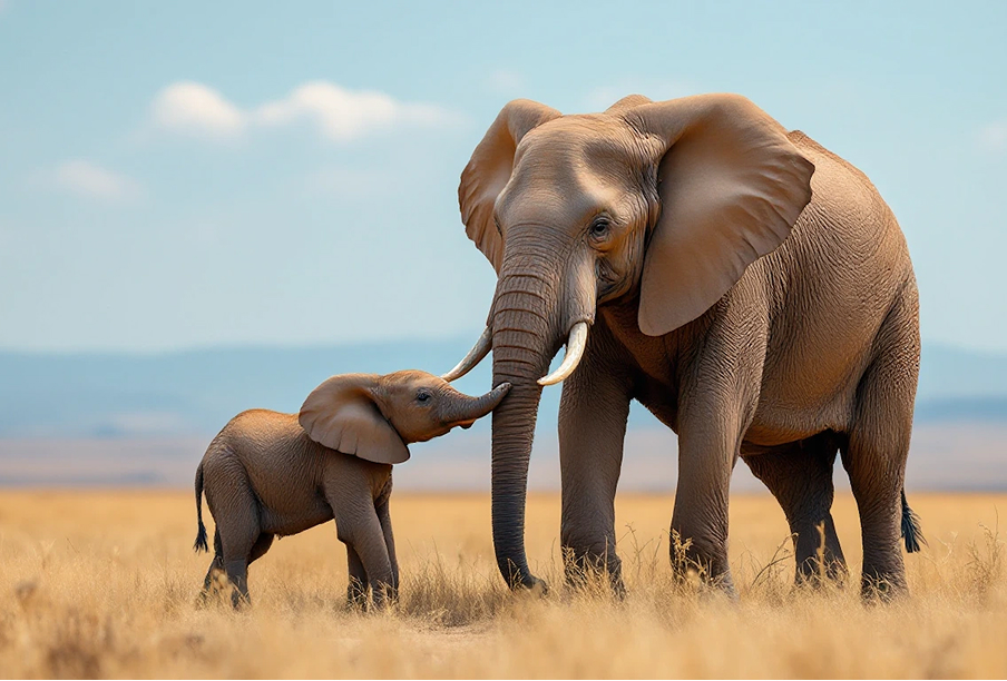 Elephant and calf in a protected sanctuary