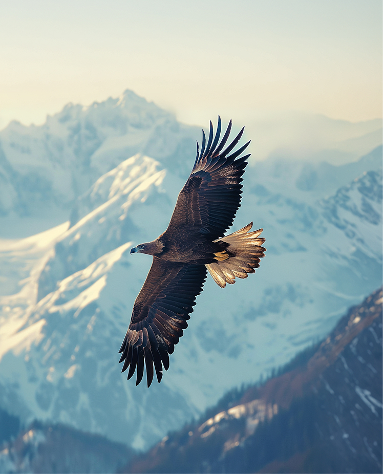 Rescued eagle flying above mountain habitat