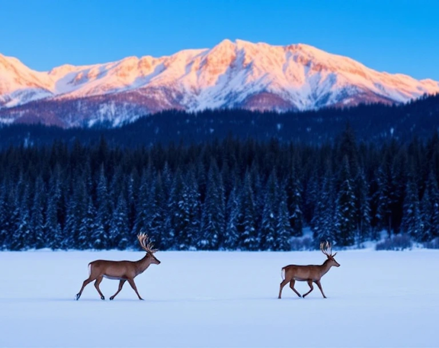 Two stags walking across a snowy plain before evergreen forest and mountains