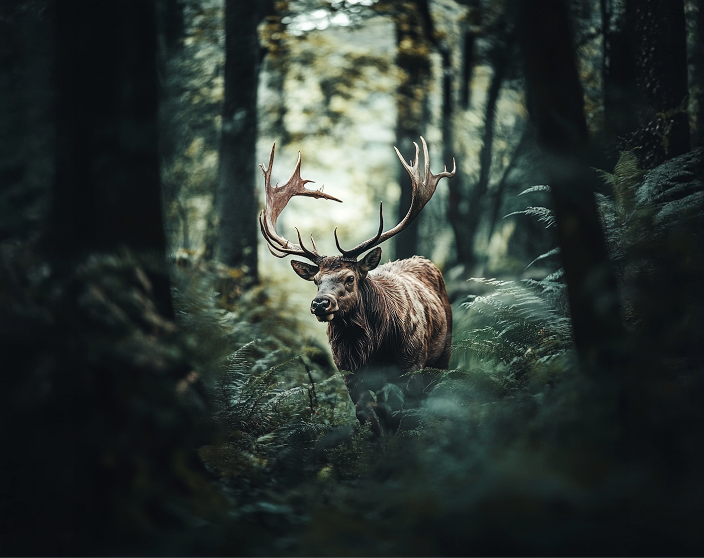A large stag standing among ferns in a misty forest