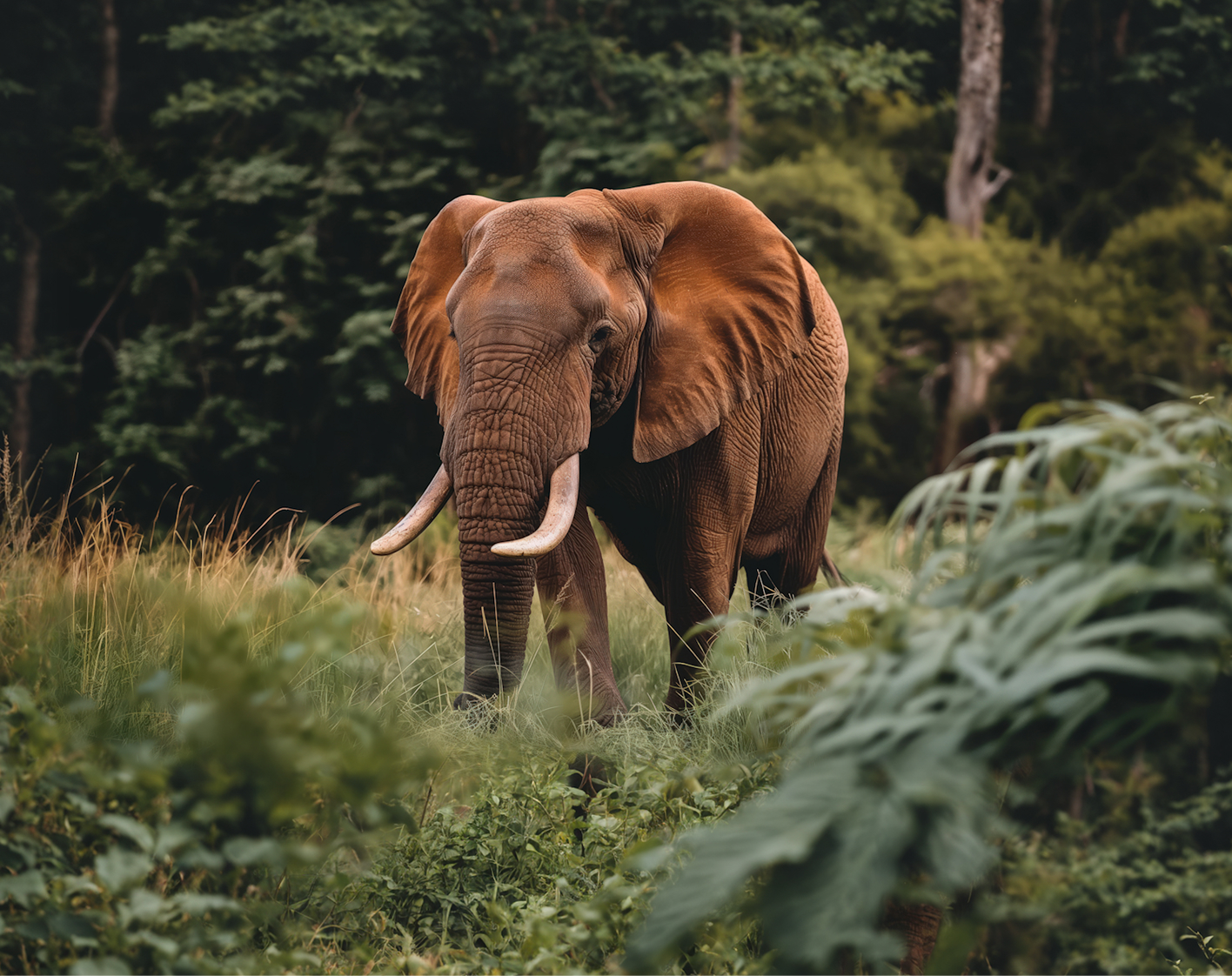 An African elephant standing in a lush forest clearing