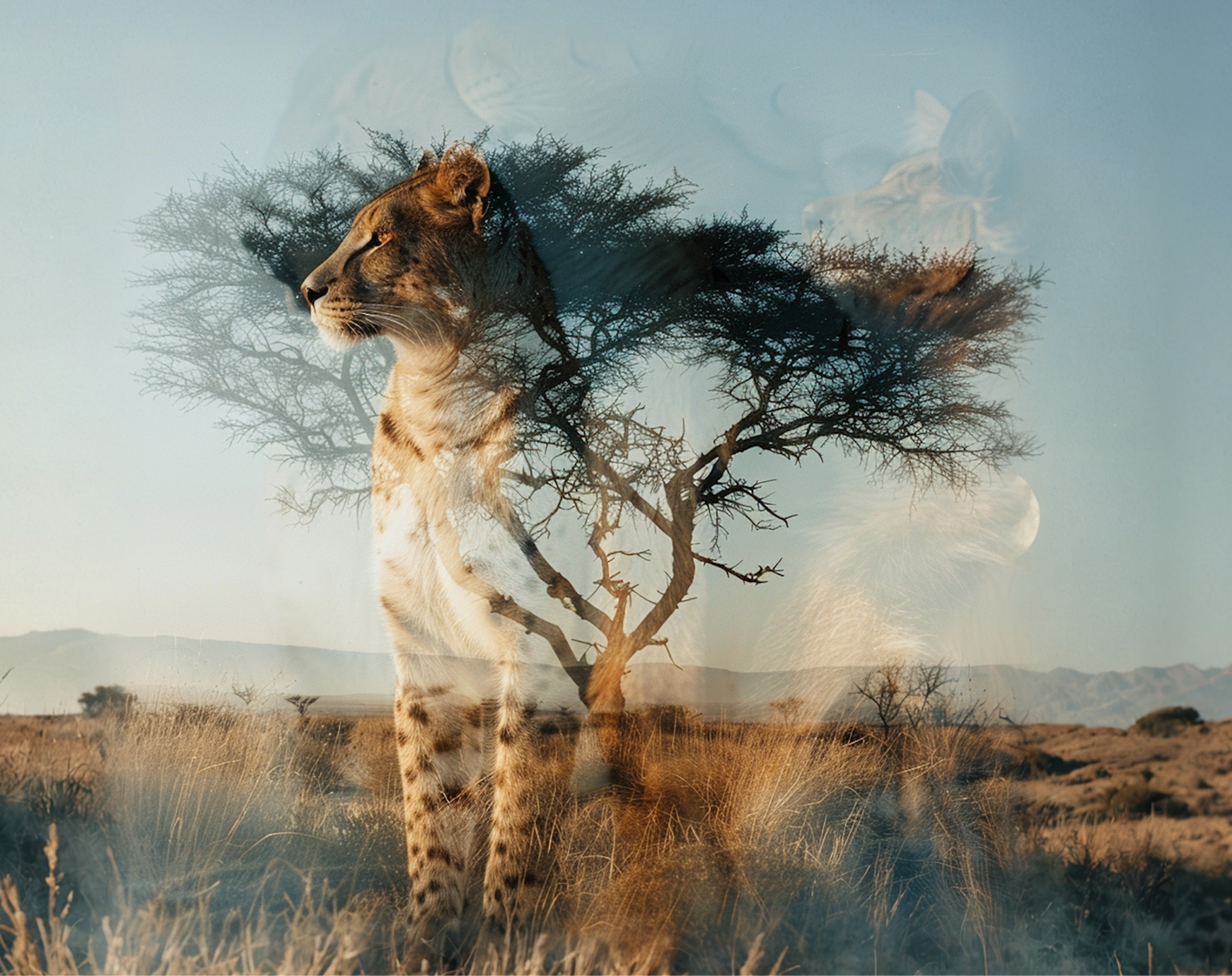 Artistic double exposure of a cheetah blended with a savanna tree