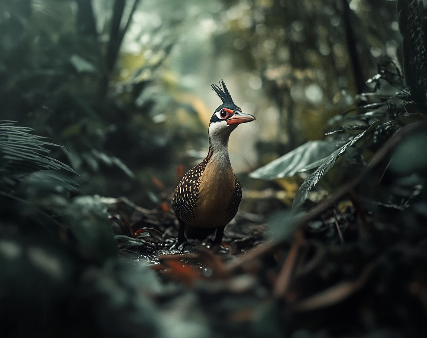 A crested tropical bird standing among lush forest foliage